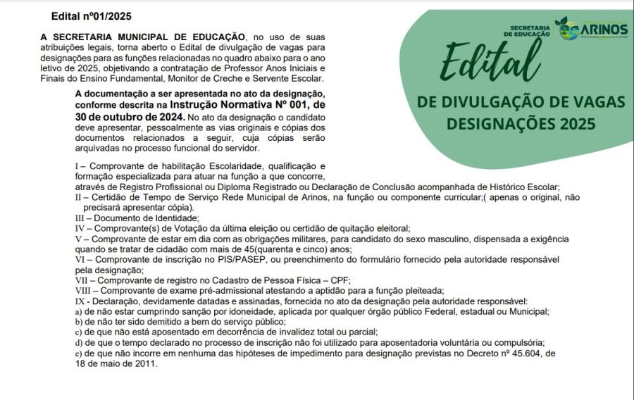 EDITAL NÚMERO DE VAGAS 2025 DESIGNAÇÃO